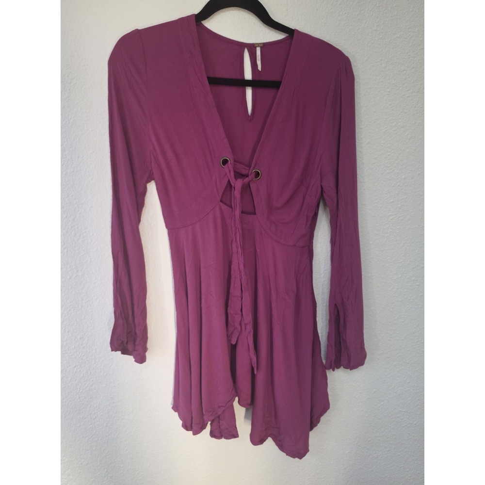 Free People Blouse Size 2 Long Sleeve Magenta Solid Collared Top Shirt Boho